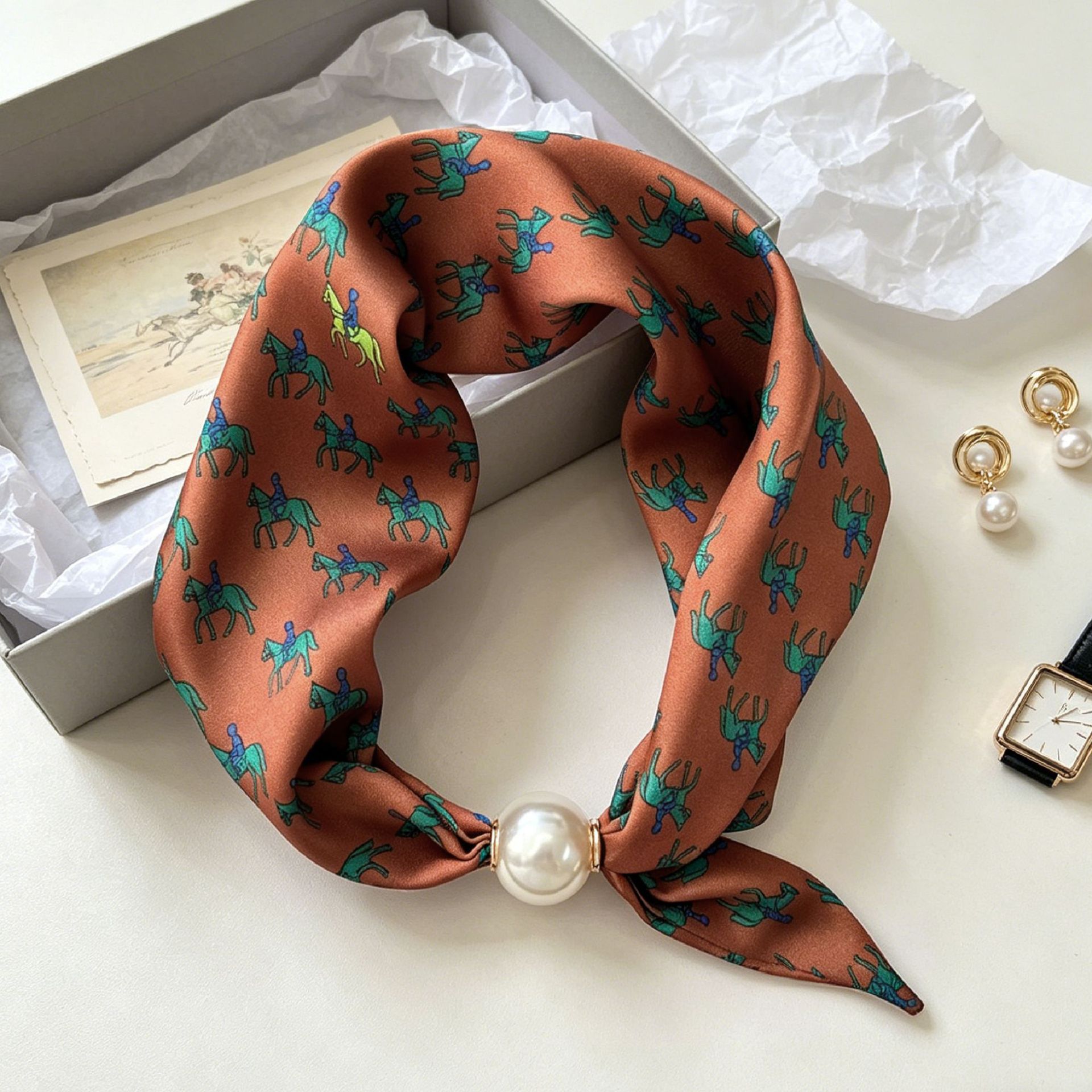Ascot Neck Scarf - وشاح نسائي فاخر بتصميم الفارس واللؤلؤ،