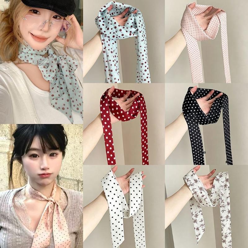 Ascot Neck Scarf - وشاح حريري رفيع بنقشة الزهور والنقاط،